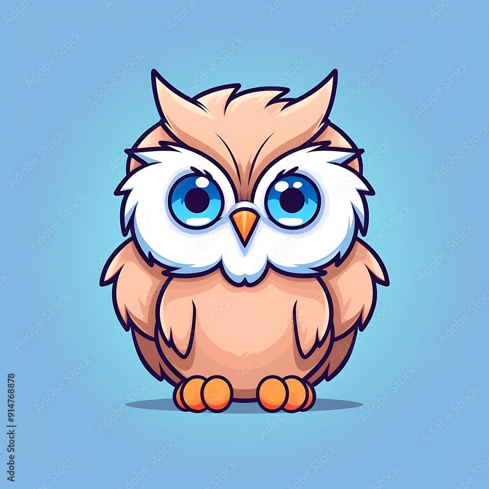 Cute Cartoon Owl With Big Blue Eyes Stands On Light Blue Background Cute Cartoon Owl With Big Blue Eyes Stands On Light Blue Background
