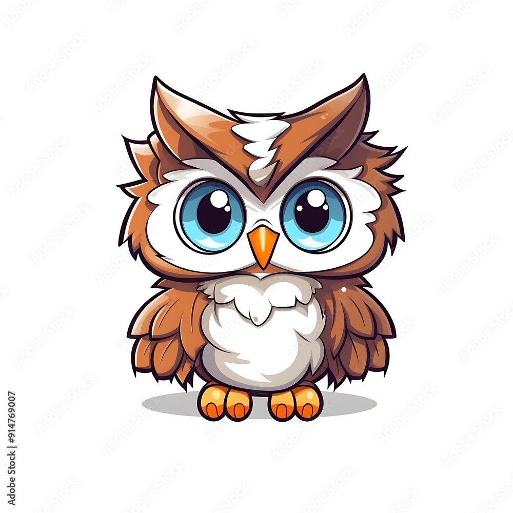 Cute Cartoon Owl With Big Blue Eyes Standing On White Background Cute Cartoon Owl With Big Blue Eyes Standing On White Background