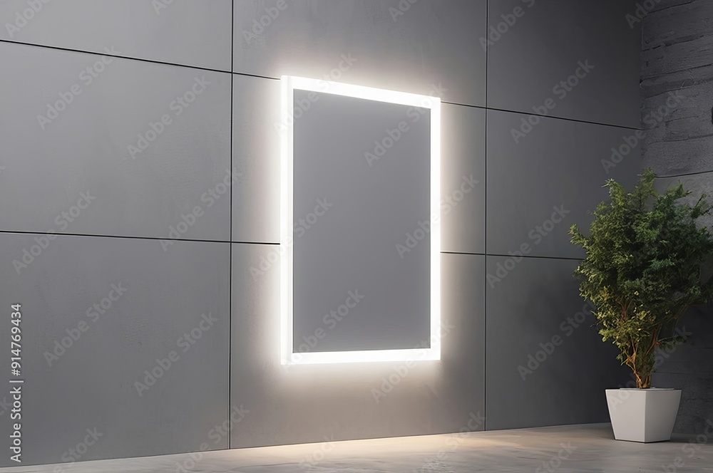 Perspective of a Luminous White Rectangular Sign on a Contemporary Grey Building Wall, with Space for Branding or Company Name - 3D Rendering, Mockup. Made with Generative AI Technology Perspective of a Luminous White Rectangular Sign on a Contemporary Grey Building Wall, with Space for Branding or Company Name - 3D Rendering, Mockup. Made with Generative AI Technology