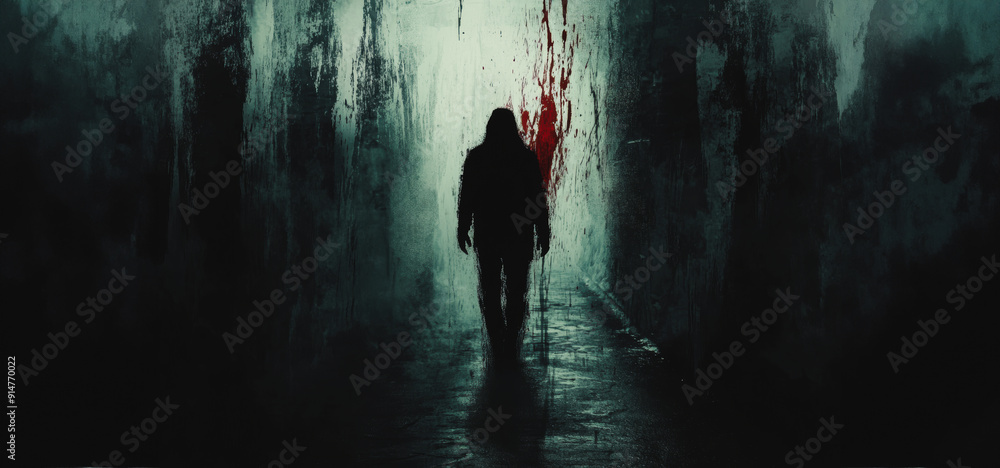 Shadowy Figure Walking Down Dimly Lit Alley With Bloodstained Wall at Night Shadowy Figure Walking Down Dimly Lit Alley With Bloodstained Wall at Night