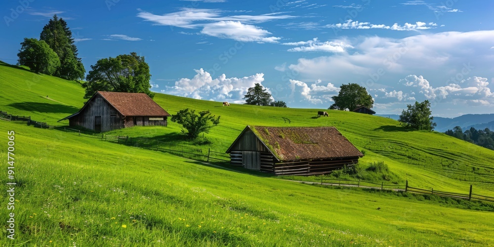Obraz premium Present a peaceful summer scene of rolling green pastures in the Swiss countryside, with cows grazing contentedly.