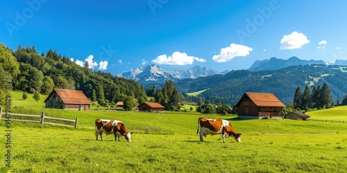 Present a peaceful summer scene of rolling green pastures in the Swiss countryside, with cows grazing contentedly. photo