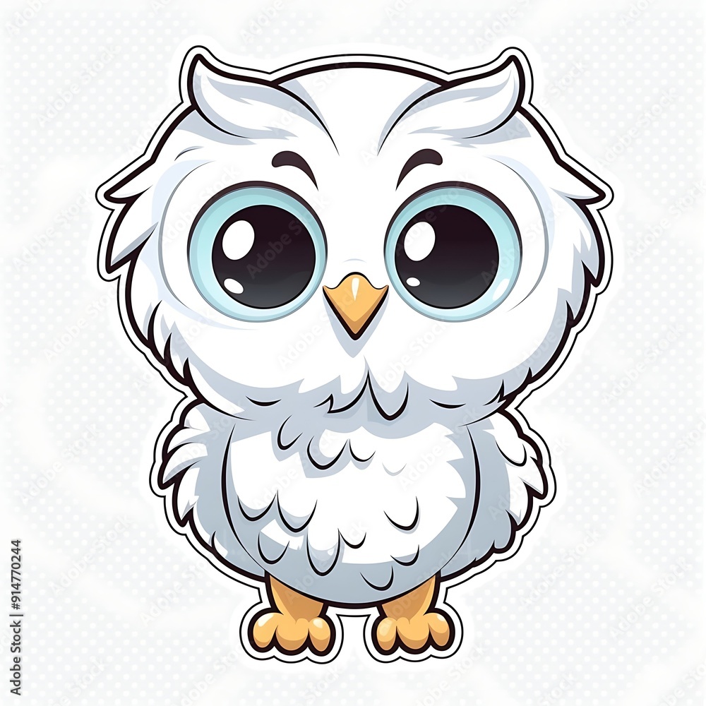 Fototapeta premium Adorable Cartoon White Owl With Big Eyes Standing On A White Background