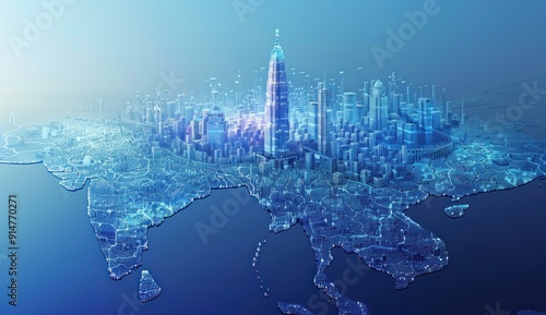 Modern City Skyline with Digital Network Connections