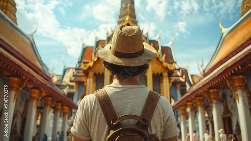 Wat Benchamabophit temple in Bangkok Thailand The Marble temple in Bangkok Asian woman with hat and European men visiting a temple a couple on a city trip in Bangkok : Generative AI photo