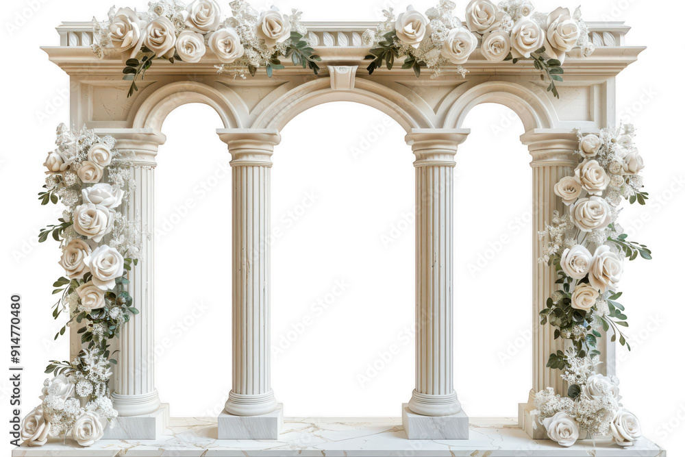 Obraz premium A white archway with three pillars and a white flower arrangement