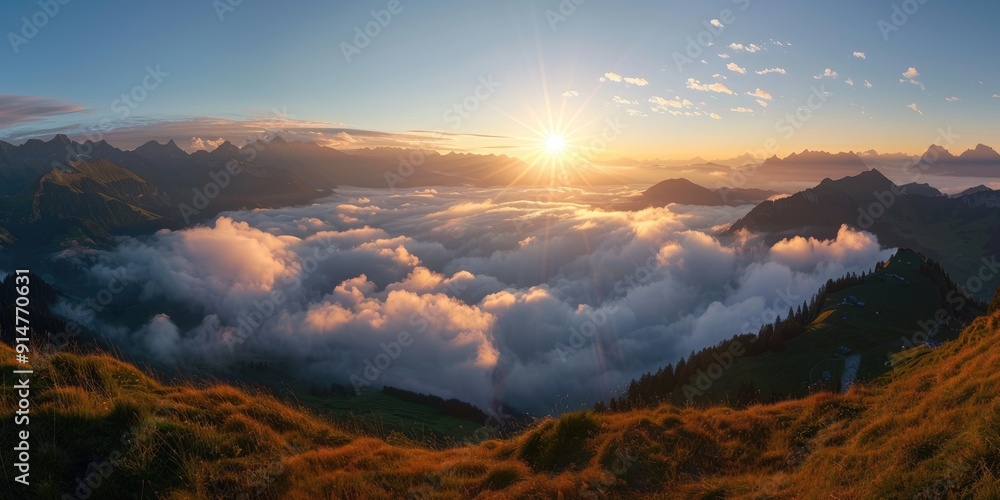 Show a panoramic view from a mountain top in the Swiss Alps as the sun rises. Show a panoramic view from a mountain top in the Swiss Alps as the sun rises.