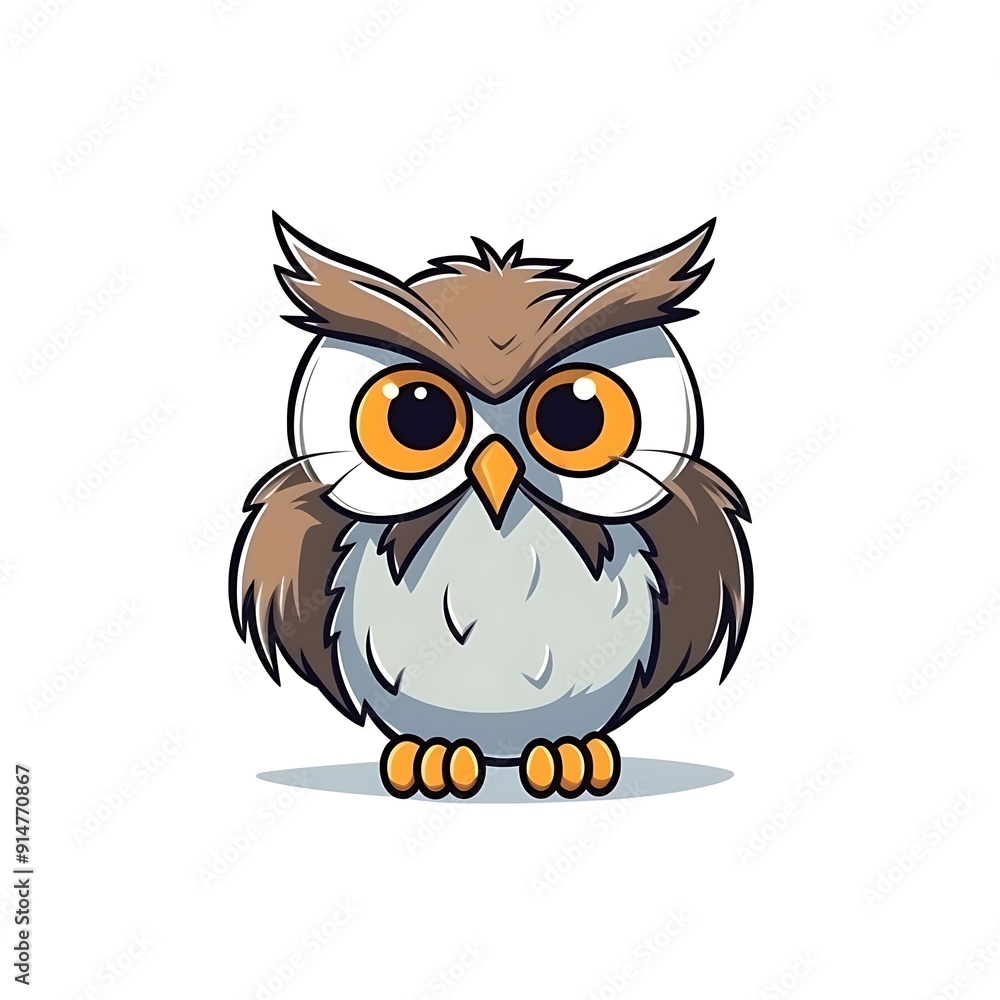 Cartoon Owl With Large Eyes Stands on White Background