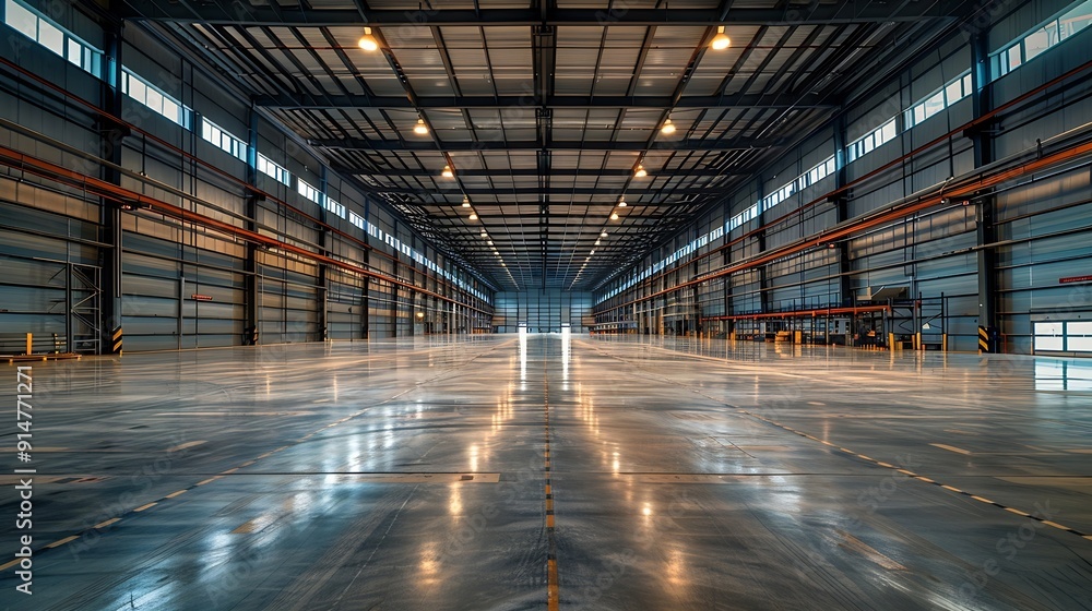 Modern interior of huge empty warehouse New distribution storehouse Metal construction Industrial architecture : Generative AI Modern interior of huge empty warehouse New distribution storehouse Metal construction Industrial architecture : Generative AI