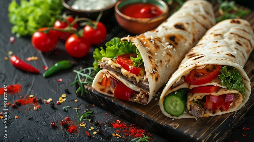 Delicious fresh shawarma with tomatoes peppers cucumber and sauces on a dark concrete background Fast food : Generative AI Delicious fresh shawarma with tomatoes peppers cucumber and sauces on a dark concrete background Fast food : Generative AI