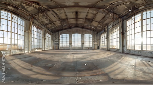 full seamless spherical hdri panorama 360 degrees in abandoned interior of large empty room as warehouse hangar or gallary with windows in equirectangular projection VR AR concept : Generative AI photo