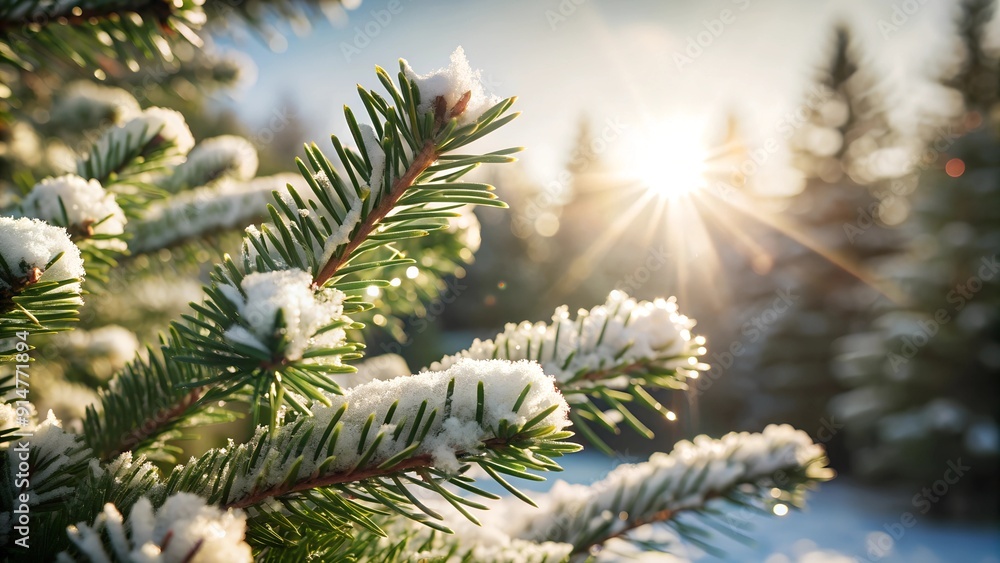 Winter bright background with pine branch in frost. Snow-covered pine branches Winter bright background with pine branch in frost. Snow-covered pine branches