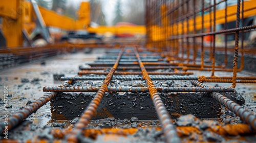 Large reinforced concrete structures at the construction site Preparation for the installation of reinforced concrete products Construction work on the construction of foundations : Generative AI photo