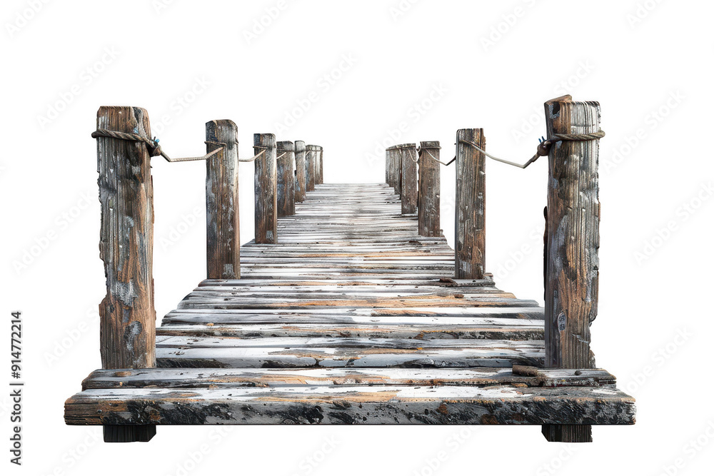 Naklejka premium A wooden bridge with a rope hanging from it