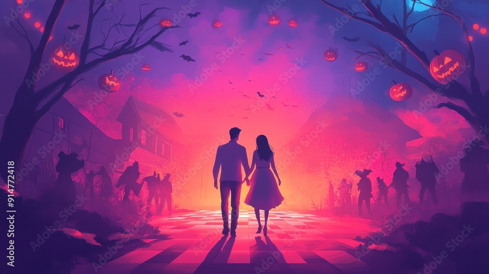 Naklejka premium A romantic couple walks hand in hand through a mysterious landscape filled with whimsical, spooky elements of Halloween.
