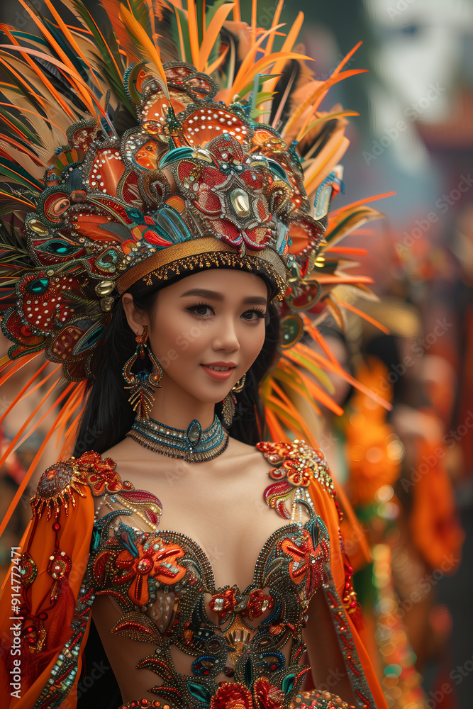 Elegant Woman in Vibrant Traditional Costume with Ornate Headdress at Cultural Festival Elegant Woman in Vibrant Traditional Costume with Ornate Headdress at Cultural Festival