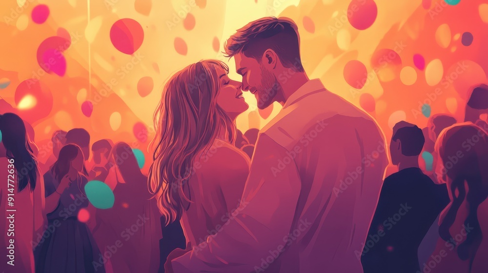 A romantic moment captured amidst a lively celebration, filled with colorful balloons and joyful energy.