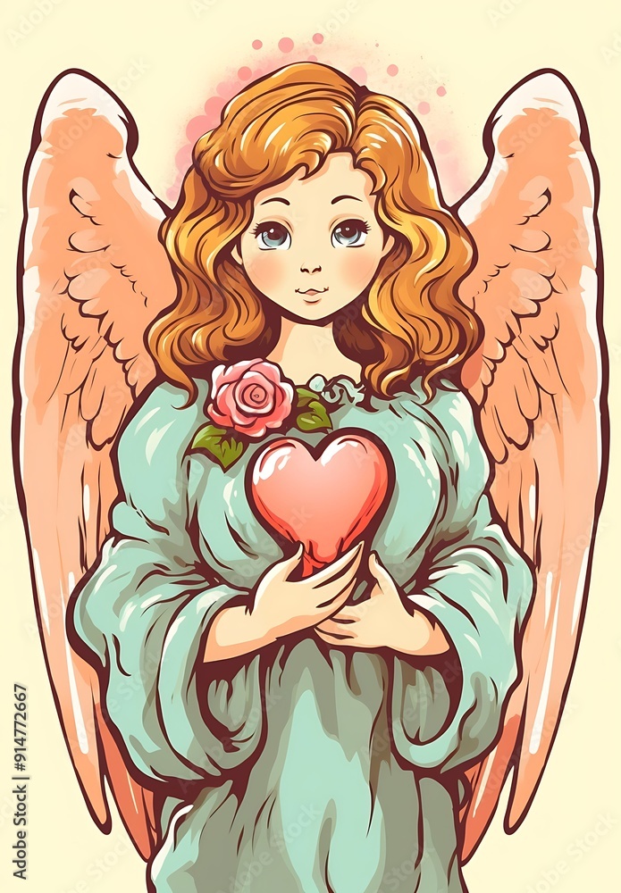 Angelic Figure Holding Heart With Rose Illustration Angelic Figure Holding Heart With Rose Illustration