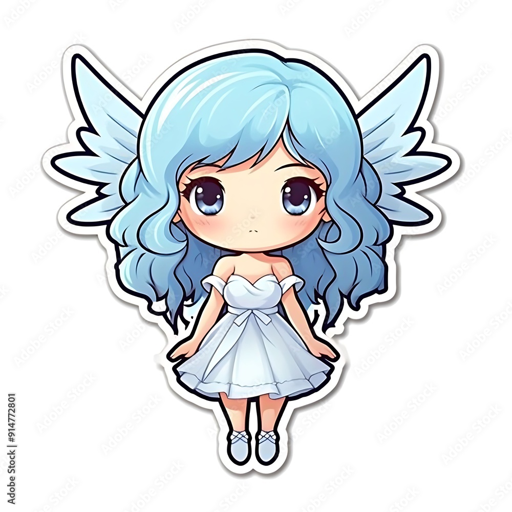 Cute Blue-Haired Angel Girl in a White Dress With Wings Cute Blue-Haired Angel Girl in a White Dress With Wings