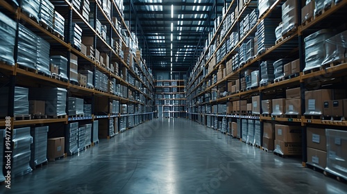 Large storage warehouse There is a walkway in the middle between the shelves : Generative AI