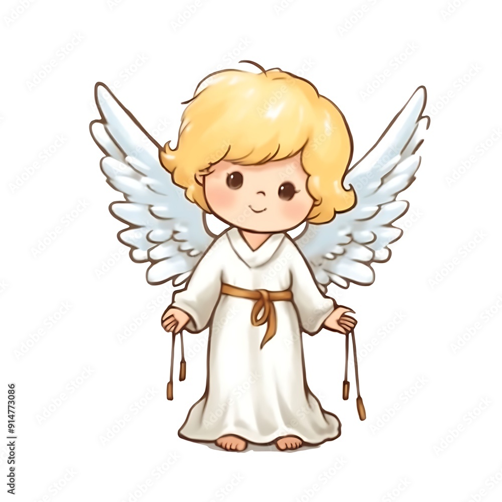 Cute Cartoon Angel With Blond Hair and White Wings Holding Strings Cute Cartoon Angel With Blond Hair and White Wings Holding Strings