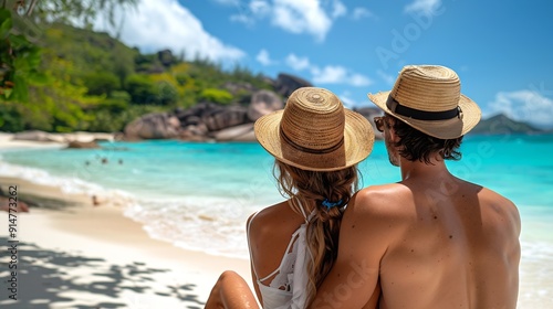 Anse Lazio Praslin Seychelles a young couple of men and women on a tropical beach during a luxury vacation in Seychelles Tropical beach Anse Lazio Praslin Seychelles : Generative AI photo