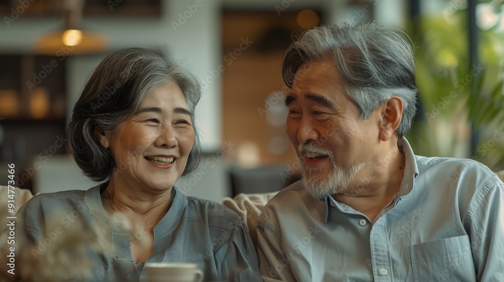 Senior couple coffee and happy on couch in conversation relax and talking in home living room Old man elderly woman and smile for bonding with care love and chat in retirement on sofa : Generative AI Senior couple coffee and happy on couch in conversation relax and talking in home living room Old man elderly woman and smile for bonding with care love and chat in retirement on sofa : Generative AI