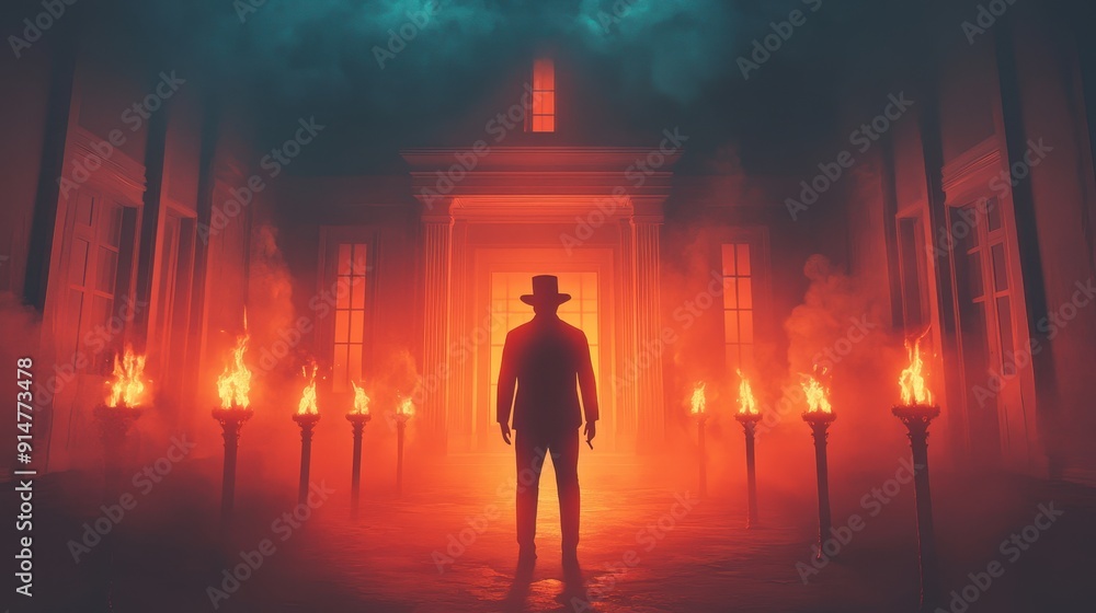 A shadowy figure stands against a fiery backdrop, surrounded by flickering torches in an eerie, atmospheric setting. A shadowy figure stands against a fiery backdrop, surrounded by flickering torches in an eerie, atmospheric setting.