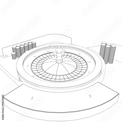 Outline Casino roulette wheel with casino chips on table. View from above. Vector illustration.