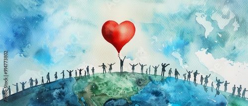 world earth day, world peace background banner with people silhouettes raised arms towards to a red heart stand on globe, artistic watercolor illustration