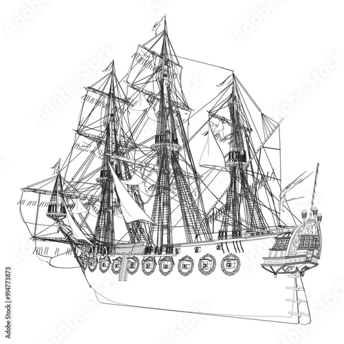 Outline of an ancient sailing frigate made of black lines isolated on a white background. Vector illustration.