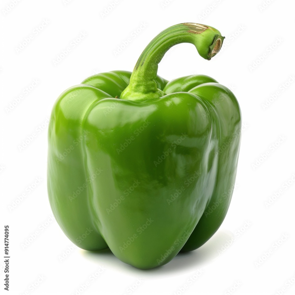 A whole, fresh green bell pepper with a shiny surface and a perfect stem, isolated on white background A whole, fresh green bell pepper with a shiny surface and a perfect stem, isolated on white background