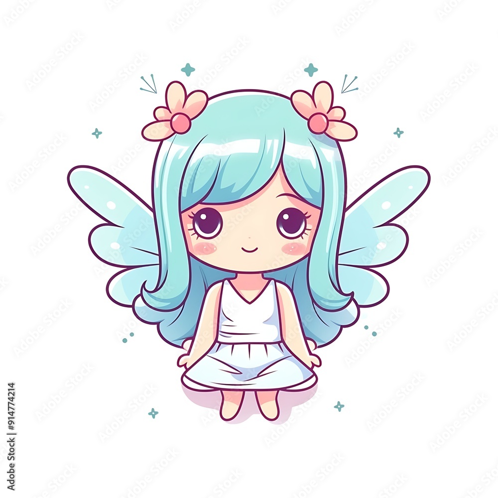 Cute Cartoon Angel Girl With Blue Hair and White Dress Cute Cartoon Angel Girl With Blue Hair and White Dress