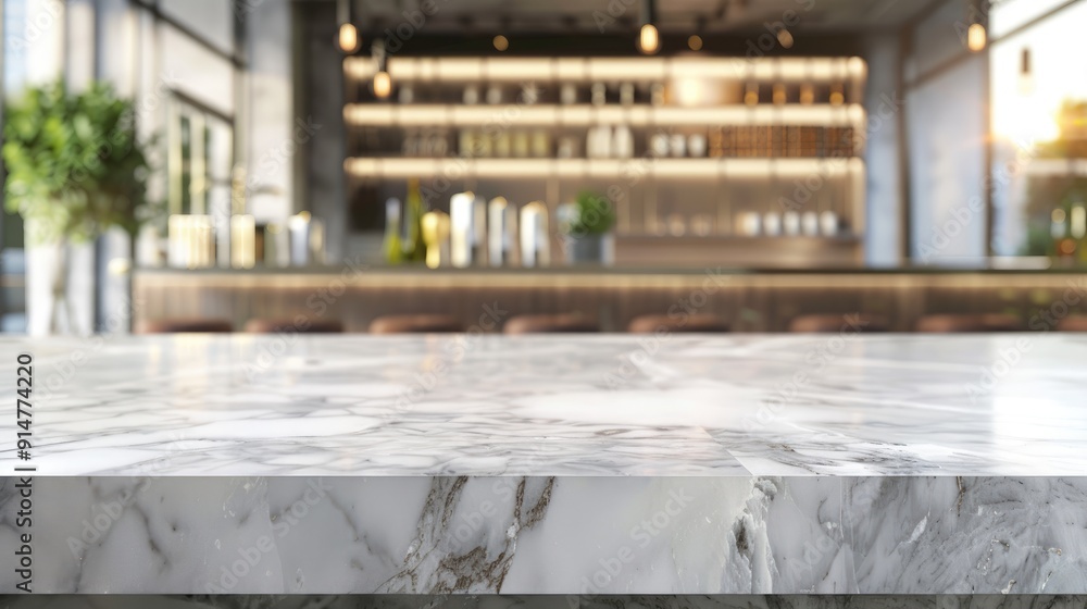 Marble kitchen island with blurred background for product display. Marble kitchen island with blurred background for product display.