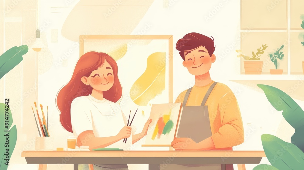 Cheerful artists sharing creativity in a bright, inspiring studio filled with plants and art supplies. Cheerful artists sharing creativity in a bright, inspiring studio filled with plants and art supplies.