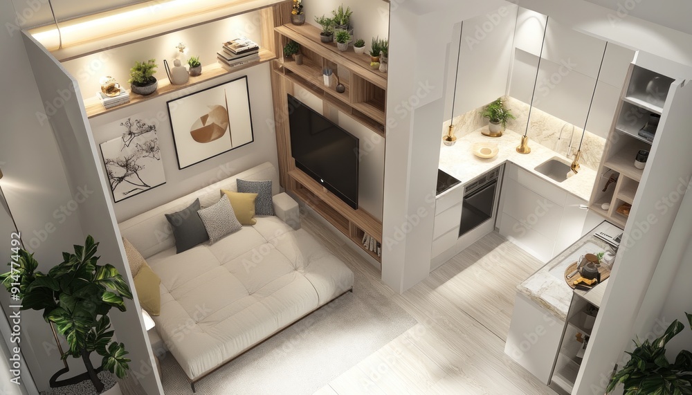 Modern 400 sq ft studio with living area, office, and kitchen in light colors 1. Generative AI Modern 400 sq ft studio with living area, office, and kitchen in light colors 1. Generative AI