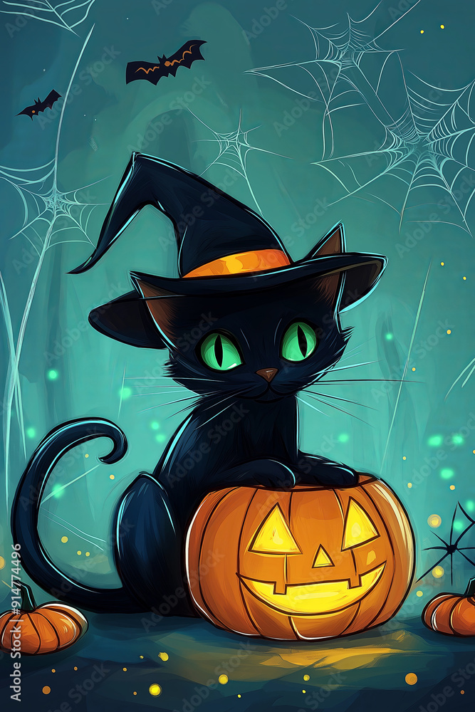 Black cat wearing witch hat sits on lit pumpkin with cobwebs. Black cat wearing witch hat sits on lit pumpkin with cobwebs.