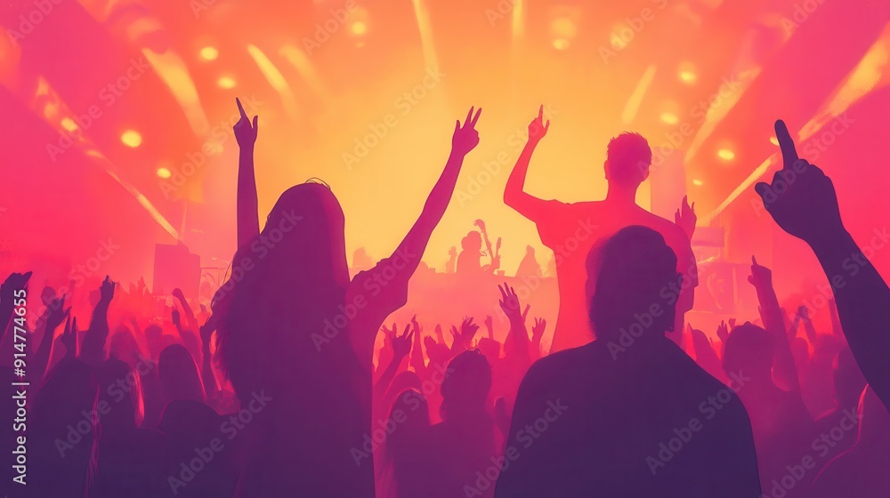 Vibrant concert scene with energetic crowd enjoying live music, illuminated by colorful stage lights in an electrifying atmosphere. Vibrant concert scene with energetic crowd enjoying live music, illuminated by colorful stage lights in an electrifying atmosphere.