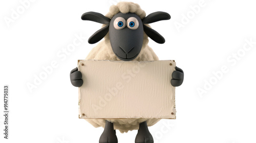 Cute cartoon sheep character holding a blank sign on transparent background photo