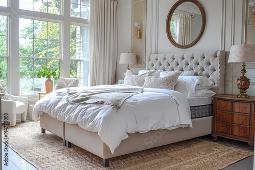 Luxurious boxspring bed in an elegant bedroom with soft pastel walls, neutral and light brown tones, white bedding, wooden furniture, large windows with natural sunlight, and stylish home decor photo