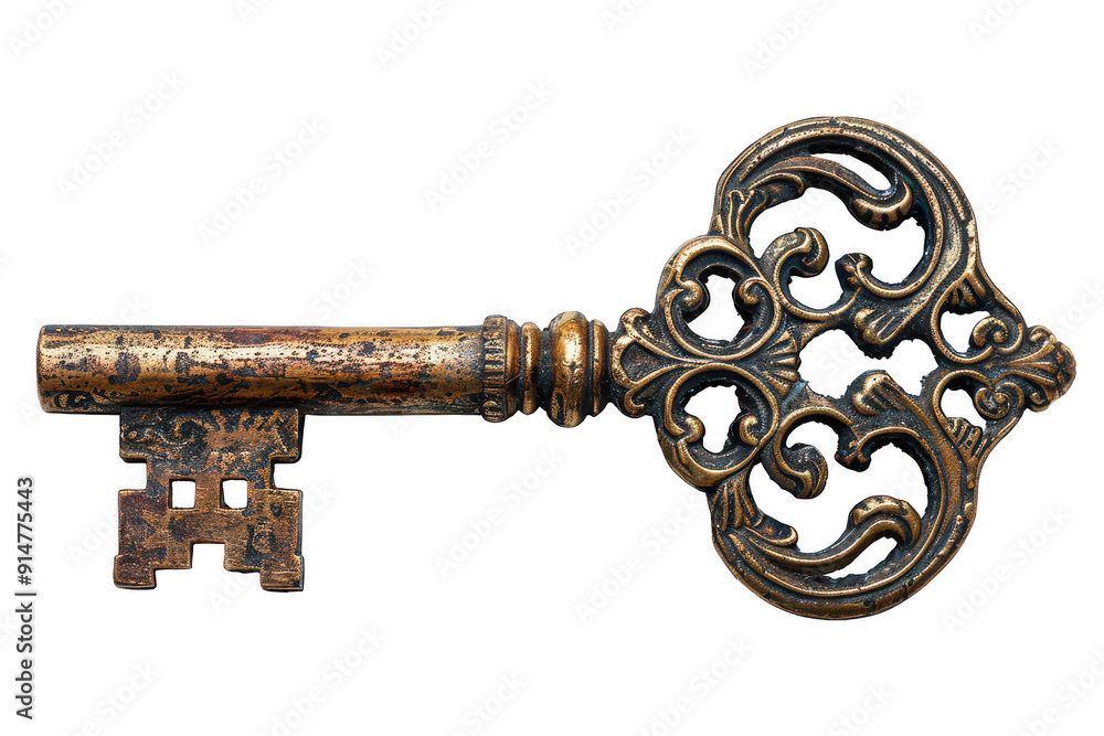 A key with a gold and black design sits on a white background A key with a gold and black design sits on a white background