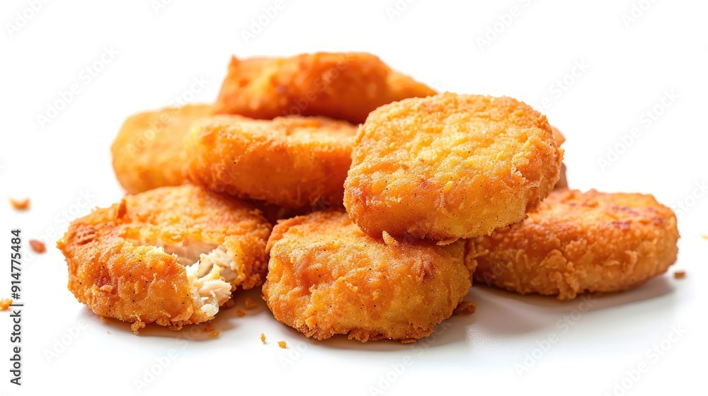 Floating chicken nuggets on white, fast food, easy home cooking, space for text Floating chicken nuggets on white, fast food, easy home cooking, space for text