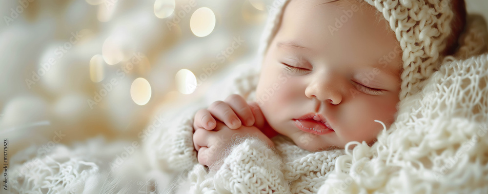 Newborn Baby Sleeping Peacefully with Knitted Blanket Newborn Baby Sleeping Peacefully with Knitted Blanket