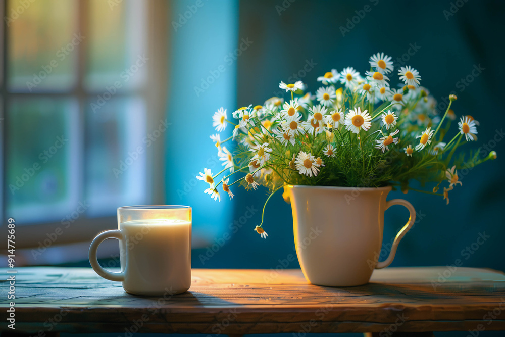 Cozy Morning with Chamomile Flowers and Warm Milk by Window Cozy Morning with Chamomile Flowers and Warm Milk by Window