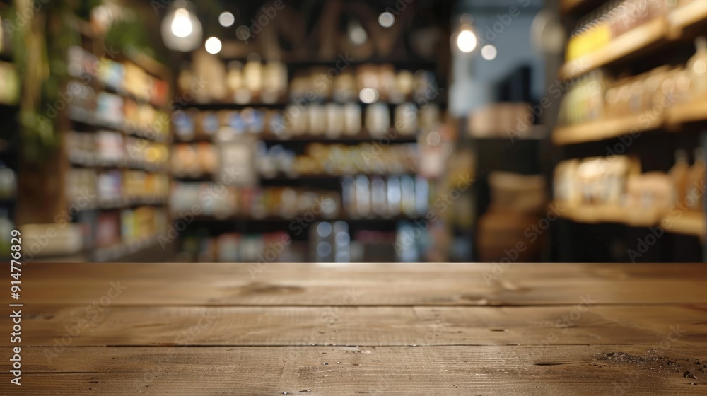 Blurry background with wooden table shelf in store Blurry background with wooden table shelf in store