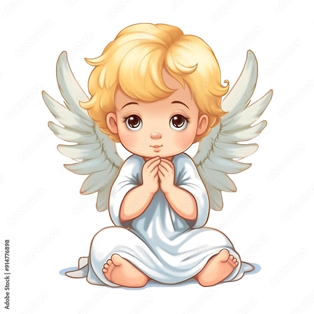 Fototapeta premium A Sitting Baby Angel With Blonde Hair and White Wings