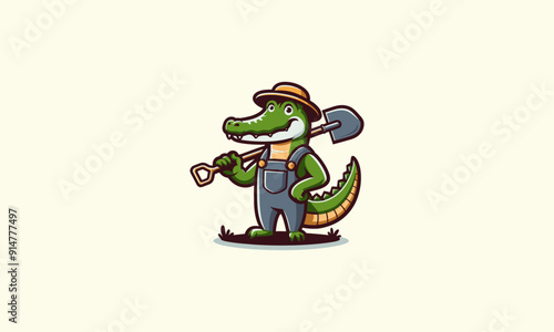 character crocodile cartoon holding hoe vector mascot design