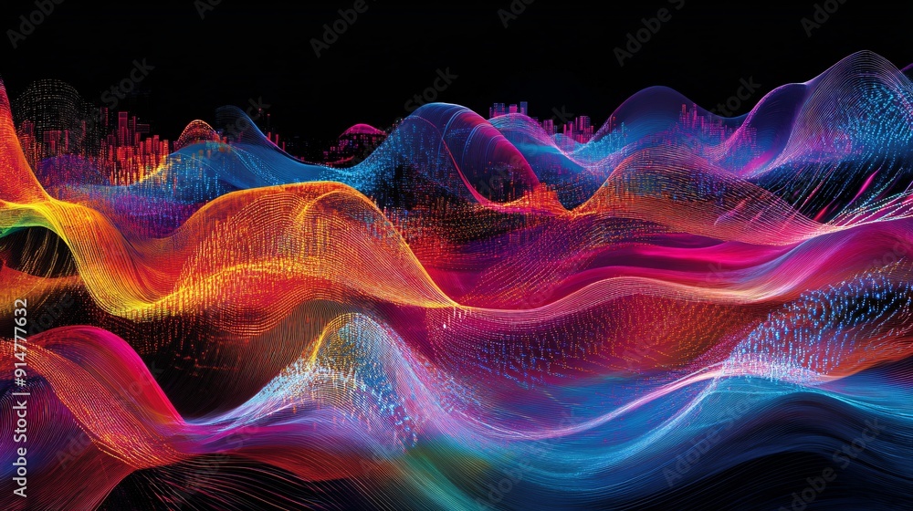 Obraz premium An artistic visualization of the growth of network traffic over time, showing the progression from early, basic networks to the complex, high-speed data exchanges of today. The image features a