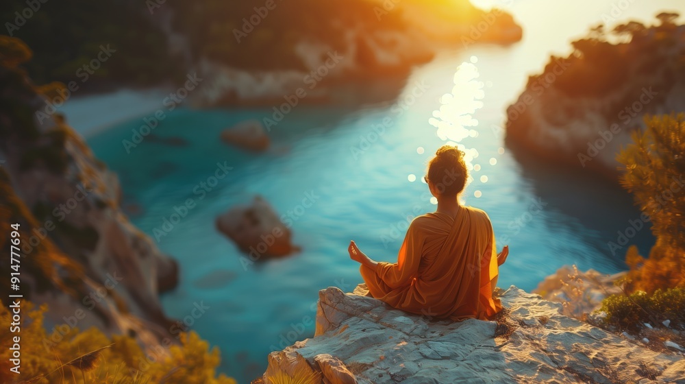 Fototapeta premium Peaceful Meditation Overlooking Serene Bay at Sunrise