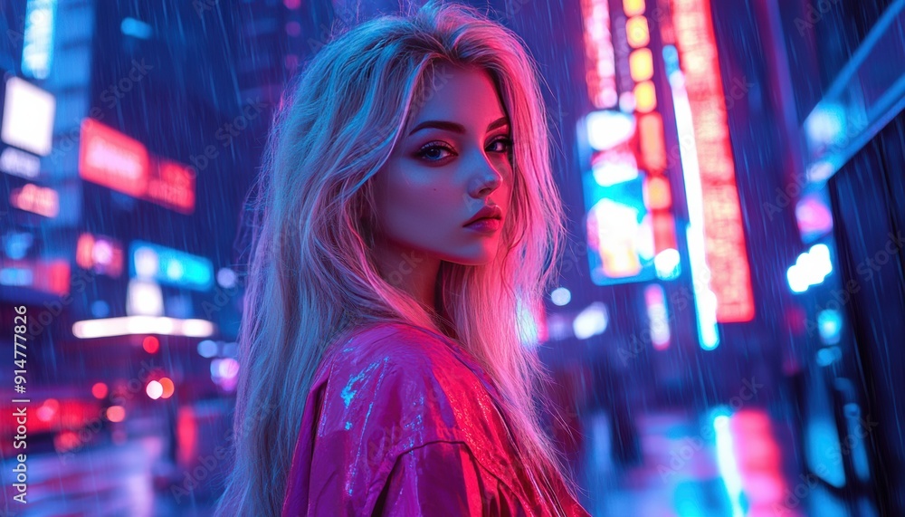 Fair-skinned blonde woman with slight bronze tint is surrounded by atmosphere of neon purple, blue, and pink lights, scene is set in futuristic city, creating a futuristic world around her. Fair-skinned blonde woman with slight bronze tint is surrounded by atmosphere of neon purple, blue, and pink lights, scene is set in futuristic city, creating a futuristic world around her.